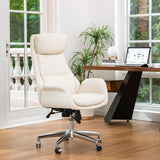 Glitzhome Mid-Century Modern Cream White Bonded Leather Gaslift Adjustable Swivel High Back Office Chair