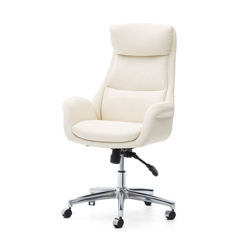 Glitzhome Mid-Century Modern Cream White Bonded Leather Gaslift Adjustable Swivel High Back Office Chair