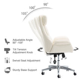 Glitzhome Mid-Century Modern Cream White Bonded Leather Gaslift Adjustable Swivel High Back Office Chair