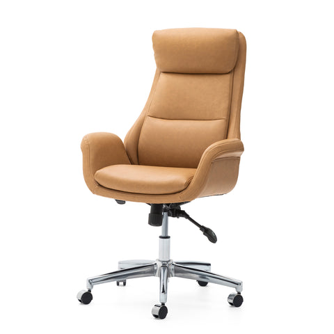 Glitzhome Mid-Century Modern Camel Leatherette Gaslift Adjustable Swivel High Back Office Chair