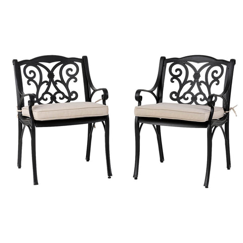 Elm PLUS Set of 2 Cast Aluminium Dining Chairs with Beige Cushions, Olefin Fabric