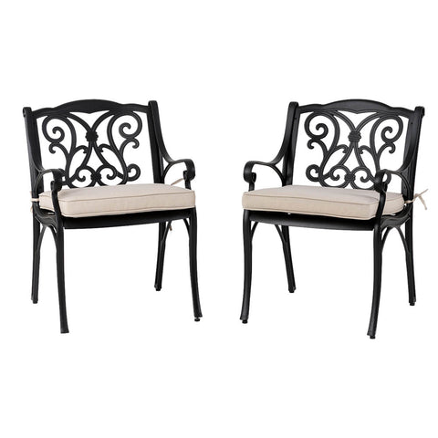 Elm PLUS Set of 2 Cast Aluminium Dining Chairs with Beige Cushions, Olefin Fabric