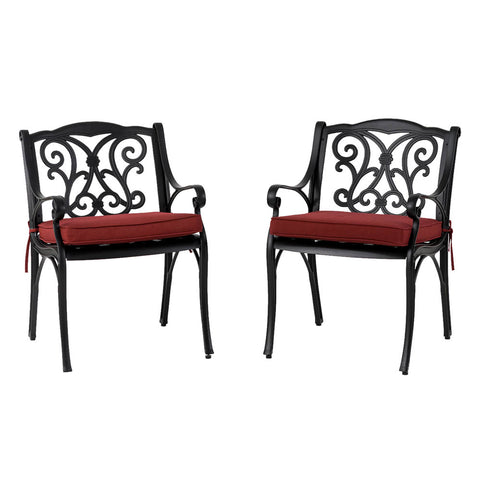 Elm PLUS Set of 2 Cast Aluminium Patio Dining Chairs with Wine Red Cushions, Olefin Fabric