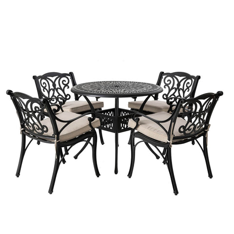 Elm PLUS 5 Piece Cast Aluminium Dining Set with Beige Cushions, Olefin Fabric