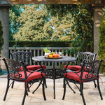 Elm PLUS 5 Piece Cast Aluminium Dining Set with Wine Red Cushions, Olefin Fabric