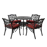 Elm PLUS 5 Piece Cast Aluminium Dining Set with Wine Red Cushions, Olefin Fabric
