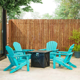 Elm PLUS 1 Piece 50000-BTU Square Tiles Top Aluminum Propane Fire Pit Table and 4 Piece Aqua HDPE Folding Adirondack Chairs