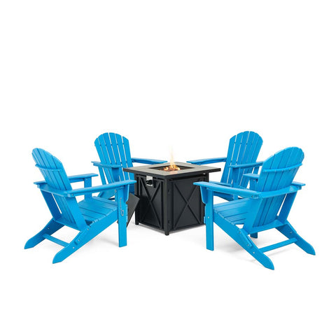 Elm PLUS 1 Piece 50000-BTU Square Tiles Top Aluminum Propane Fire Pit Table and 4 Piece Pacific Blue HDPE Folding Adirondack Chairs