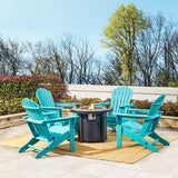 Elm PLUS 1 Piece 30000-BTU Round Slates Top Aluminum Propane Fire Pit Table and 4 Piece Aqua HDPE Folding Adirondack Chairs