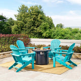 Elm PLUS 1 Piece 30000-BTU Round Slates Top Aluminum Propane Fire Pit Table and 4 Piece Aqua HDPE Folding Adirondack Chairs