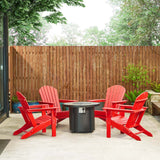 Elm PLUS 1 Piece 30000-BTU Round Slates Top Aluminum Propane Fire Pit Table and 4 Piece Red HDPE Folding Adirondack Chairs