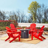 Elm PLUS 1 Piece 30000-BTU Round Slates Top Aluminum Propane Fire Pit Table and 4 Piece Red HDPE Folding Adirondack Chairs