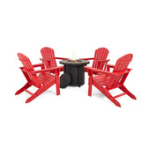 Elm PLUS 1 Piece 30000-BTU Round Slates Top Aluminum Propane Fire Pit Table and 4 Piece Red HDPE Folding Adirondack Chairs