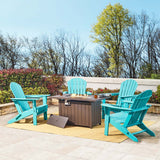 Elm PLUS 1 Piece 30000-BTU Tan Aluminum Propane Fire Pit Table and 4 Piece Aqua HDPE Folding Adirondack Chairs