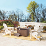 Elm PLUS 1 Piece 30000-BTU Tan Aluminum Propane Fire Pit Table and 4 Piece White HDPE Folding Adirondack Chairs