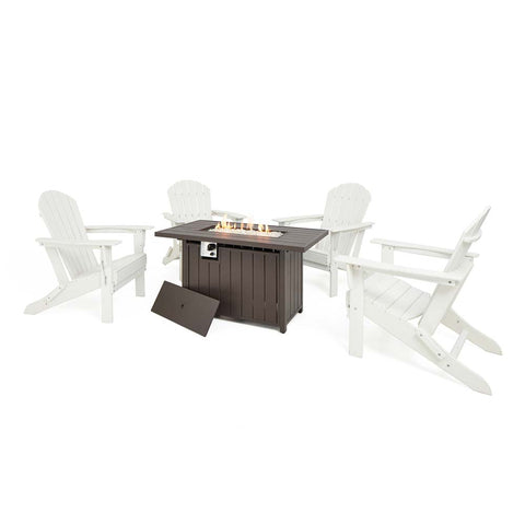 Elm PLUS 1 Piece 30000-BTU Tan Aluminum Propane Fire Pit Table and 4 Piece White HDPE Folding Adirondack Chairs