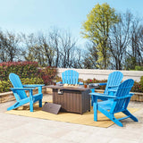 Elm PLUS 1 Piece 30000-BTU Tan Aluminum Propane Fire Pit Table and 4 Piece Pacific Blue HDPE Folding Adirondack Chairs