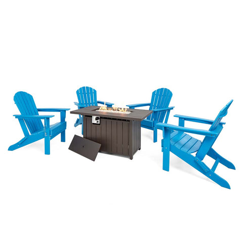 Elm PLUS 1 Piece 30000-BTU Tan Aluminum Propane Fire Pit Table and 4 Piece Pacific Blue HDPE Folding Adirondack Chairs