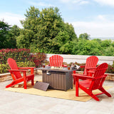 Elm PLUS 1 Piece 30000-BTU Tan Aluminum Propane Fire Pit Table and 4 Piece Red HDPE Folding Adirondack Chairs