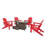 Elm PLUS 1 Piece 30000-BTU Tan Aluminum Propane Fire Pit Table and 4 Piece Red HDPE Folding Adirondack Chairs