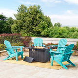 Elm PLUS 1 Piece 30000-BTU Black Aluminum Propane Fire Pit Table and 4 Piece Aqua HDPE Folding Adirondack Chairs