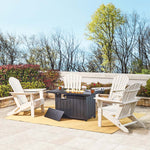 Elm PLUS 1 Piece 30000-BTU Black Aluminum Propane Fire Pit Table and 4 Piece White HDPE Folding Adirondack Chairs