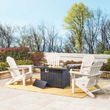 Elm PLUS 1 Piece 30000-BTU Black Aluminum Propane Fire Pit Table and 4 Piece White HDPE Folding Adirondack Chairs