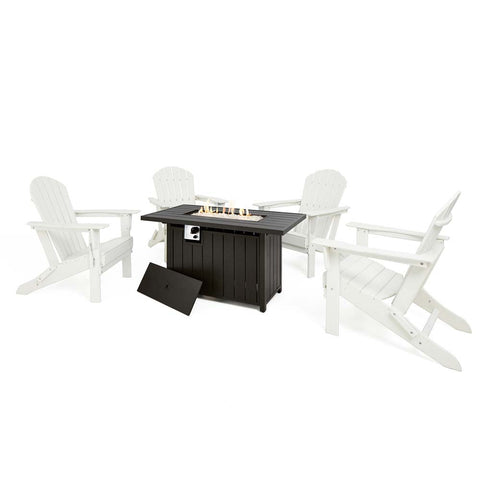 Elm PLUS 1 Piece 30000-BTU Black Aluminum Propane Fire Pit Table and 4 Piece White HDPE Folding Adirondack Chairs